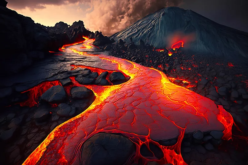 Lava flowing down a hill.
