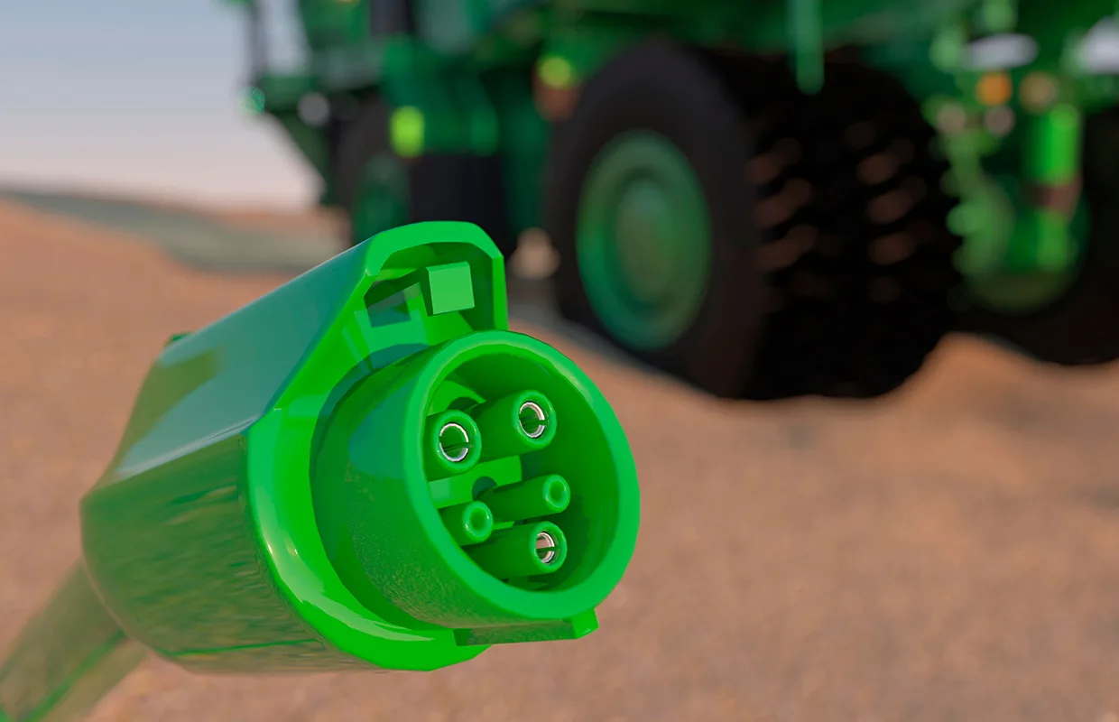 Green mining truck with electric charger 3d render