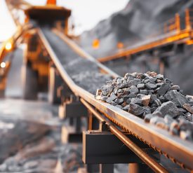 Close-up of rocks on a conveyor belt system in an industrial mining or quarry environment with heavy machinery in the background.