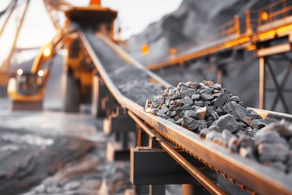 Close-up of rocks on a conveyor belt system in an industrial mining or quarry environment with heavy machinery in the background.