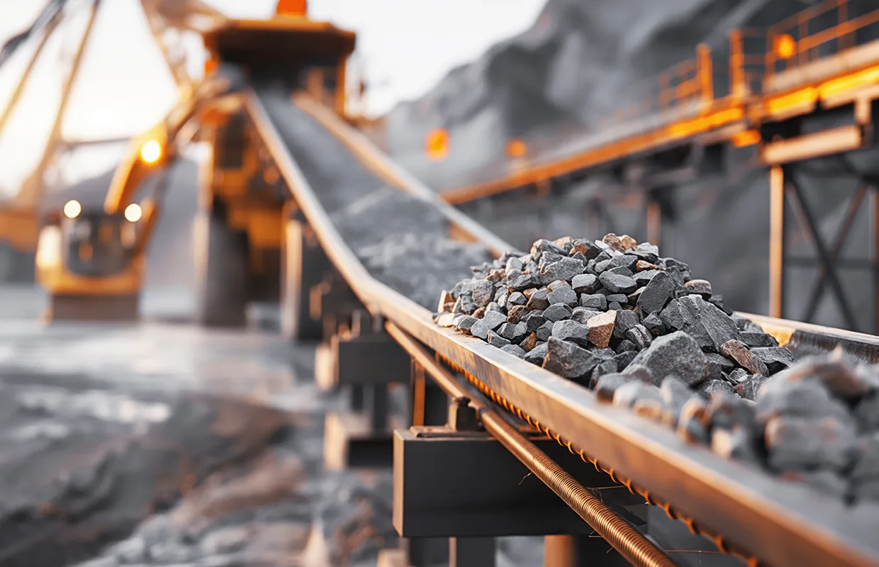 Close-up of rocks on a conveyor belt system in an industrial mining or quarry environment with heavy machinery in the background.