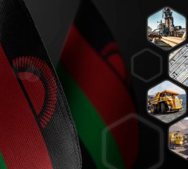 Small national flags of the Malawi on a dark background