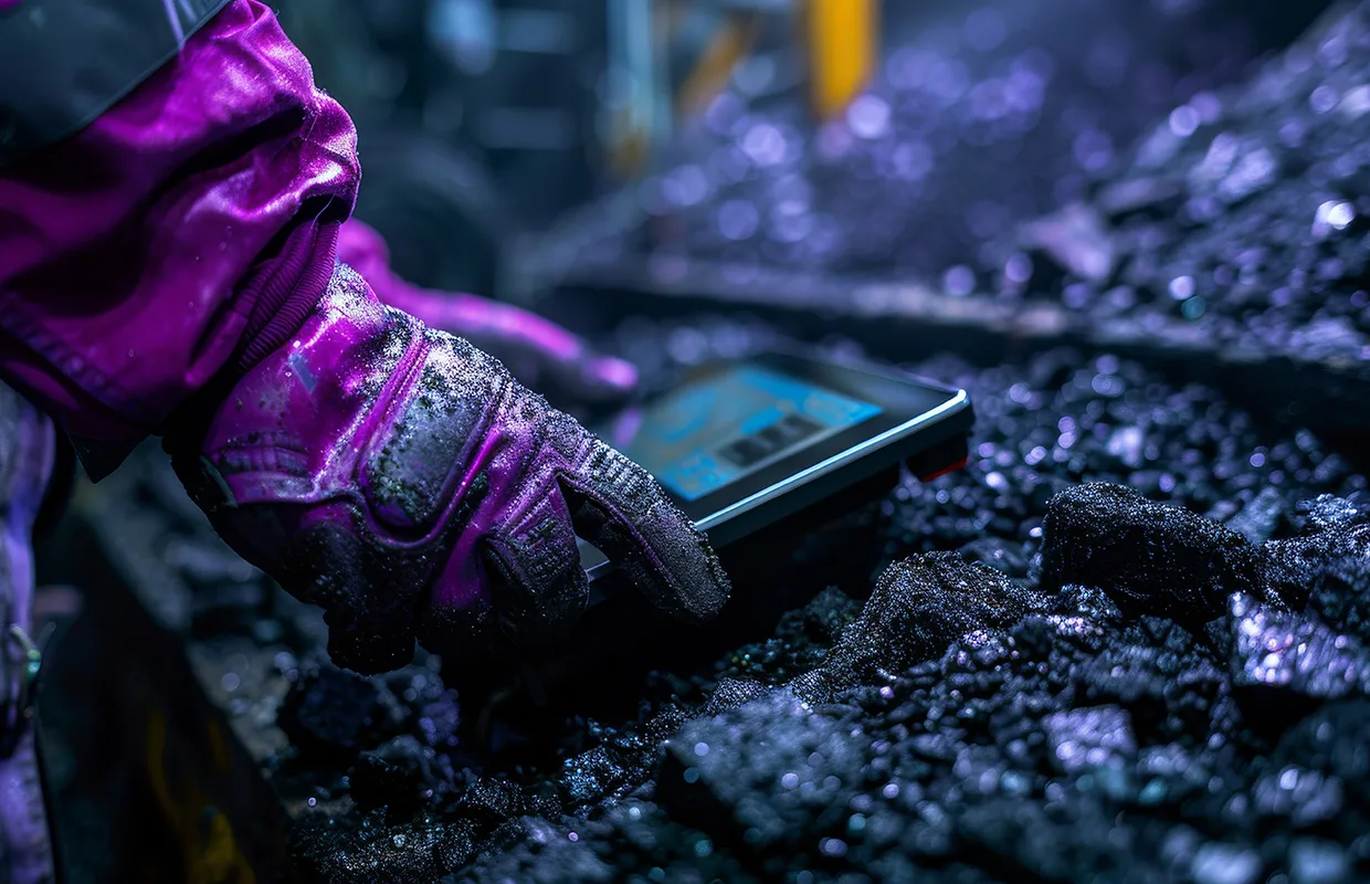 A miner's gloved hand interacts with a smart device among coal chunks
