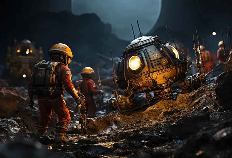 Astronauts and advanced robots collaborate seamlessly in the challenging environment of space mining.